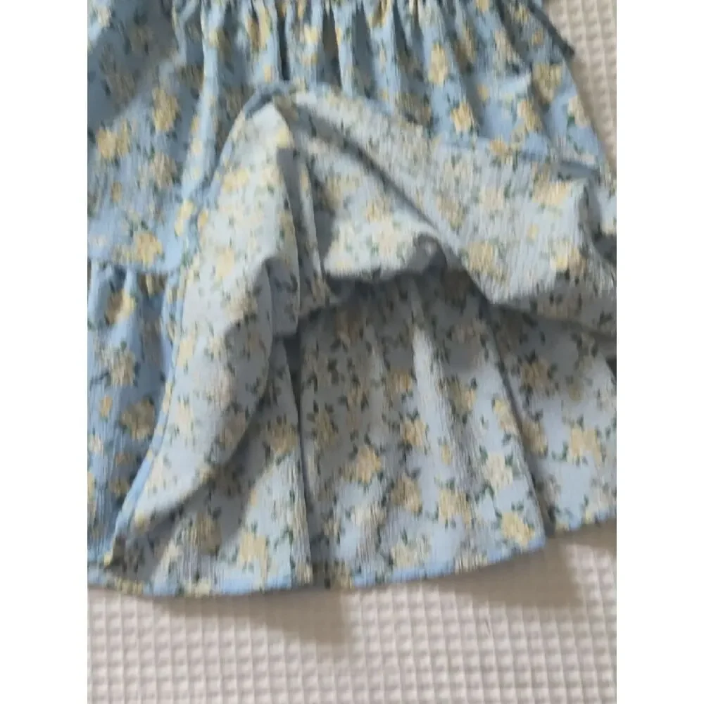 Light Blue Yellow Floral Puff-Sleeve Kids Dress